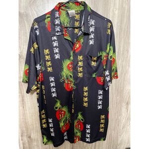 Wooden Dog Shirt Men's XL Black Tribal Chinese Dragon Button Up Short Sleeve VTG